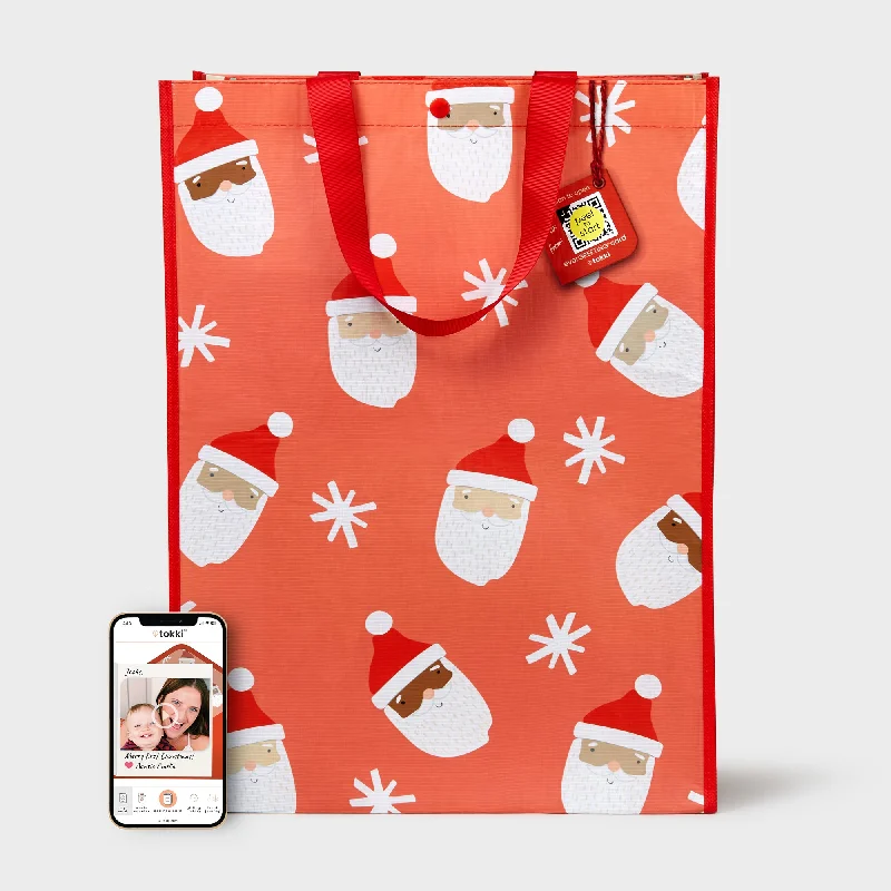 Metallic foil shopping and gift bags with holographic effects for festive occasionsSanta Snowflake | Extra Large | Reusable Gift Bag + QR Greeting Card