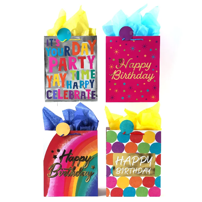 Miniature shopping and gift bags made of satin for small trinkets and jewelryLarge Birthdays For All Bag, Hot Stamp/Glitter, 4 Designs Miniature shopping and gift bags made of satin for small trinkets and jewelryLarge Birthdays For All Bag, Hot Stamp/Glitter, 4 Designs