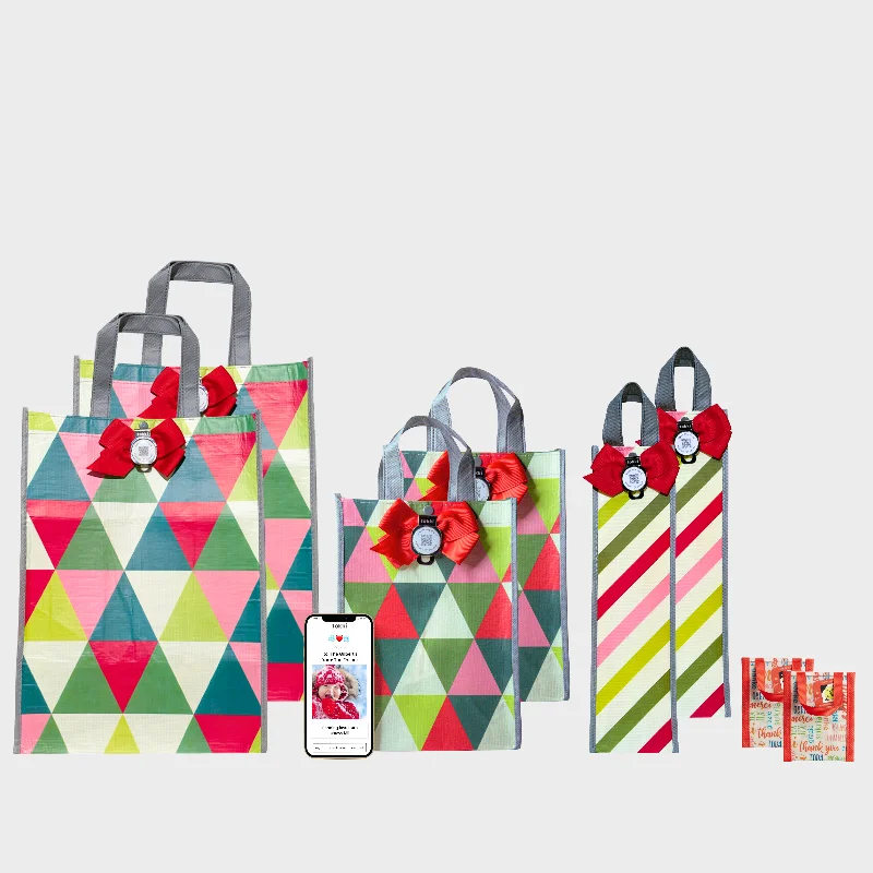 Floral - printed shopping and gift bags with a drawstring top for a feminine lookMerry & Bright Bundle | 8-Pack Reusable Gift Bags with Handles and Built-In QR Greeting Cards Floral - printed shopping and gift bags with a drawstring top for a feminine lookMerry & Bright Bundle | 8-Pack Reusable Gift Bags with Handles and Built-In QR Greeting Cards