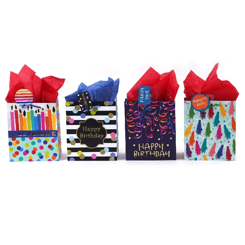 Floral - printed shopping and gift bags with a drawstring top for a feminine lookLarge Birthday Tassels & Streamers Bag, Hot Stamp/Glitter, 4 Designs Floral - printed shopping and gift bags with a drawstring top for a feminine lookLarge Birthday Tassels & Streamers Bag, Hot Stamp/Glitter, 4 Designs