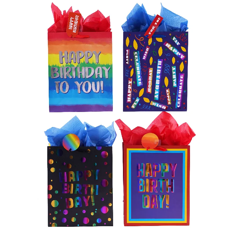 Quilted shopping and gift bags with a soft texture for delicate giftsLarge Birthday Rainbow Love Hot Stamp Bag, 4 Designs Quilted shopping and gift bags with a soft texture for delicate giftsLarge Birthday Rainbow Love Hot Stamp Bag, 4 Designs