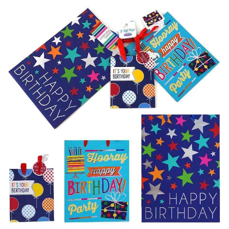Cartoon - themed paper shopping and gift bags for kids' presents3Pk M/L/E Birthday Balloons&Stars Party Hot Stamp/Glitter Premium Plus Bag, 3 Designs Cartoon - themed paper shopping and gift bags for kids' presents3Pk M/L/E Birthday Balloons&Stars Party Hot Stamp/Glitter Premium Plus Bag, 3 Designs