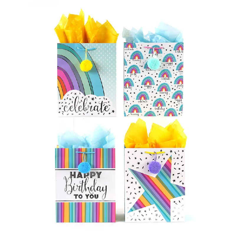 Colorful paper shopping and gift bags with intricate embossed patterns for party favorsLarge Rainbow Brights Birthday Hot Stamp Premium Plus Bag, 4 Designs Colorful paper shopping and gift bags with intricate embossed patterns for party favorsLarge Rainbow Brights Birthday Hot Stamp Premium Plus Bag, 4 Designs