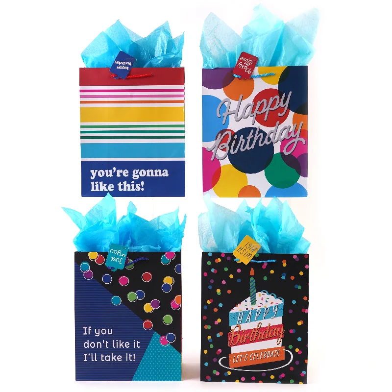 Metallic foil shopping and gift bags with holographic effects for festive occasionsLarge Birthday Dotty Party Printed Gift Bag, 4 Designs Metallic foil shopping and gift bags with holographic effects for festive occasionsLarge Birthday Dotty Party Printed Gift Bag, 4 Designs