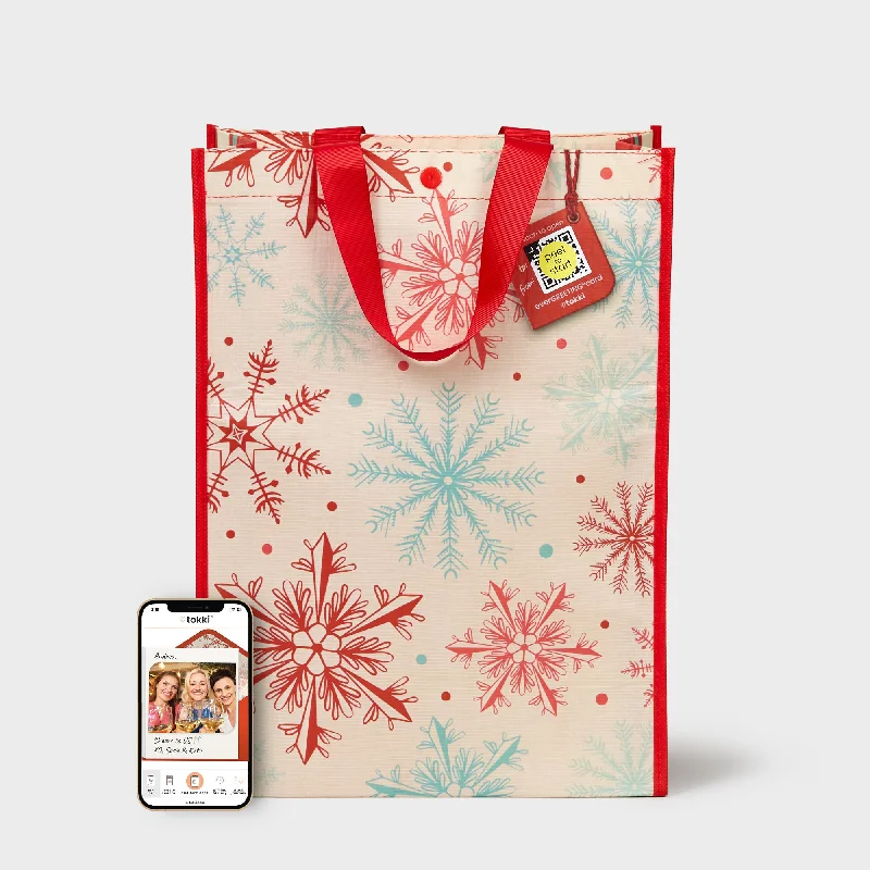 Cartoon - themed paper shopping and gift bags for kids' presentsSnowflakes | Large | Reusable Gift Bag + QR Greeting Card Cartoon - themed paper shopping and gift bags for kids' presentsSnowflakes | Large | Reusable Gift Bag + QR Greeting Card