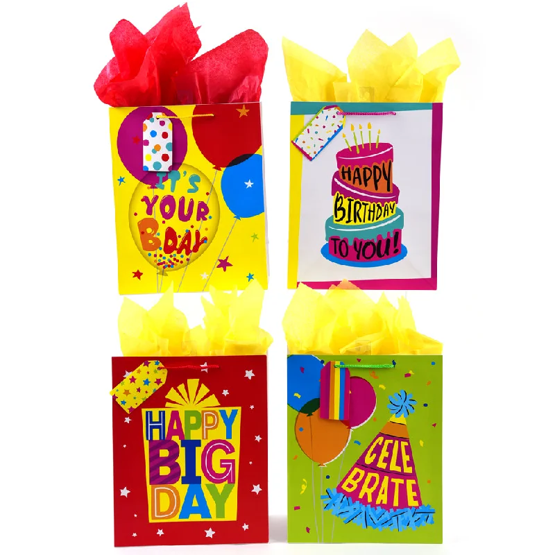 Vintage - style fabric shopping and gift bags with lace trim for a romantic touchLarge Birthday Cake Surprise Printed Bag, 4 Designs Vintage - style fabric shopping and gift bags with lace trim for a romantic touchLarge Birthday Cake Surprise Printed Bag, 4 Designs
