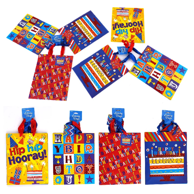 Large - capacity plastic shopping and gift bags with reinforced handles for bulk purchases3Pk Large Birthday Hooray! Hot Stamp/Glitter Bag, 4 Designs Large - capacity plastic shopping and gift bags with reinforced handles for bulk purchases3Pk Large Birthday Hooray! Hot Stamp/Glitter Bag, 4 Designs