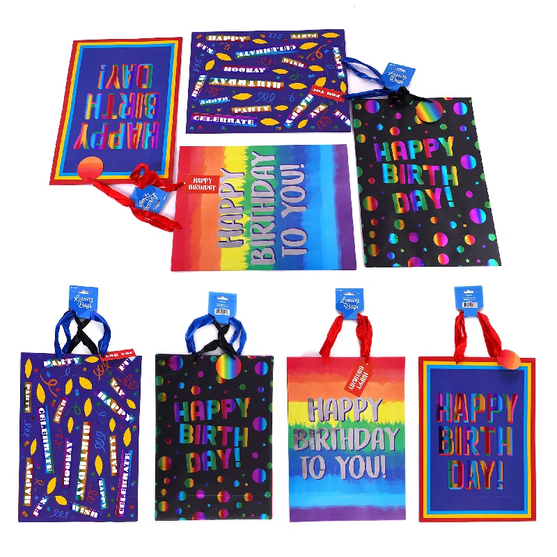 Colorful paper shopping and gift bags with intricate embossed patterns for party favors2Pk Extra Large Birthday Rainbow Love Hot Stamp Bag, 4 Designs Colorful paper shopping and gift bags with intricate embossed patterns for party favors2Pk Extra Large Birthday Rainbow Love Hot Stamp Bag, 4 Designs