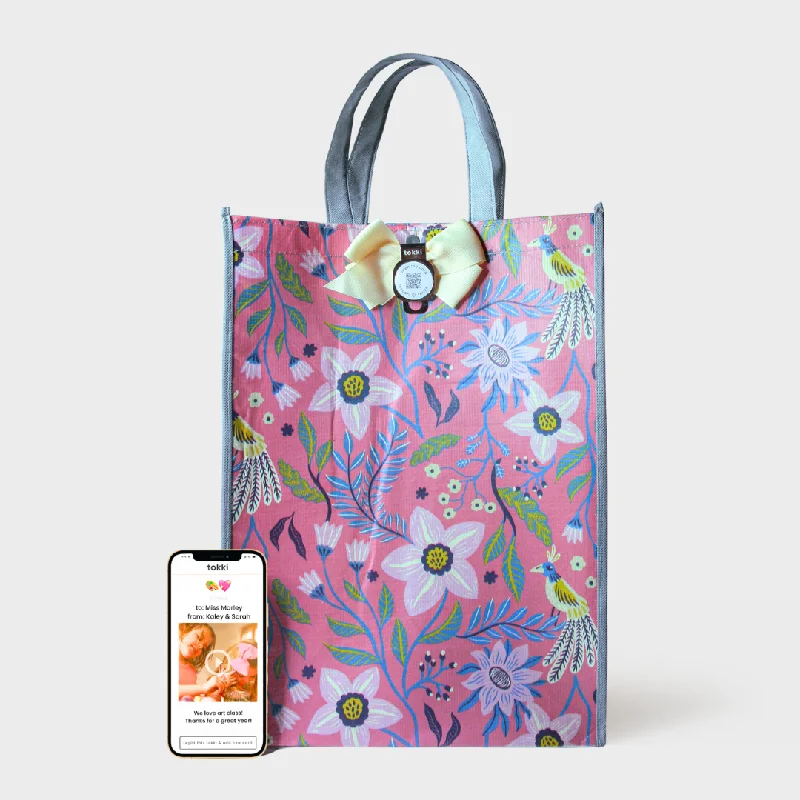 Floral - printed shopping and gift bags with a drawstring top for a feminine lookCharm | Large | Reusable Gift Bag + QR Greeting Card Floral - printed shopping and gift bags with a drawstring top for a feminine lookCharm | Large | Reusable Gift Bag + QR Greeting Card