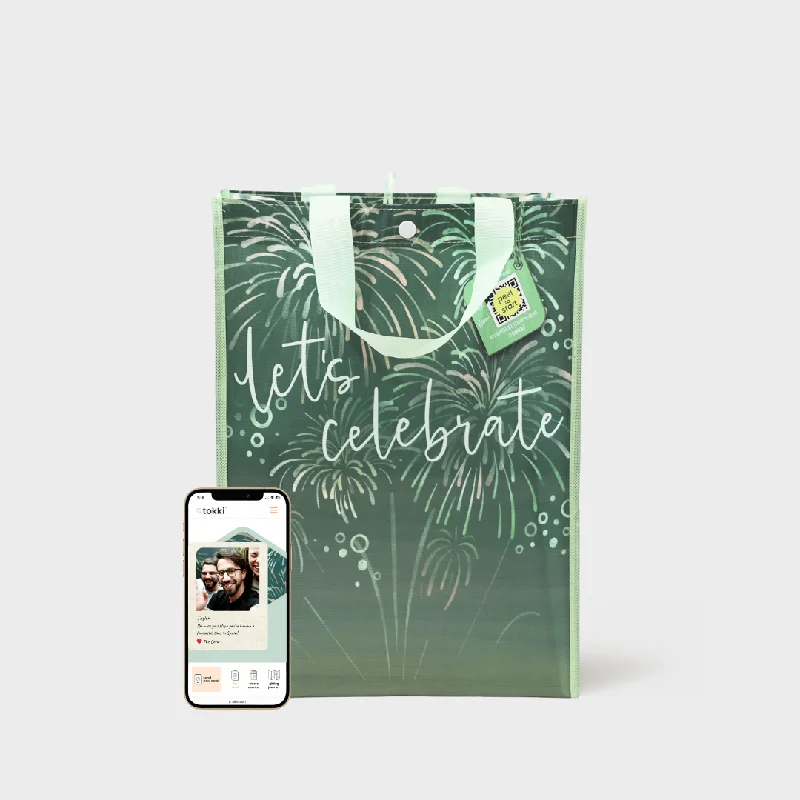 Miniature shopping and gift bags made of satin for small trinkets and jewelryLet's Celebrate | Large | Reusable Gift Bag + QR Greeting Card Miniature shopping and gift bags made of satin for small trinkets and jewelryLet's Celebrate | Large | Reusable Gift Bag + QR Greeting Card