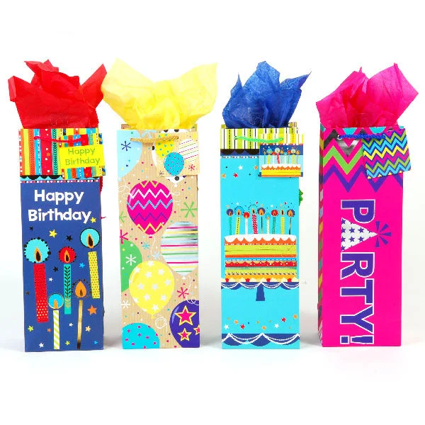 Retro - inspired shopping and gift bags with a bold color palette for nostalgiaBottle Birthday Tempo On Matte Finish With Hot Stamping, 4 Designs Retro - inspired shopping and gift bags with a bold color palette for nostalgiaBottle Birthday Tempo On Matte Finish With Hot Stamping, 4 Designs