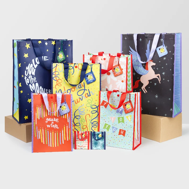 Transparent PVC shopping and gift bags with a decorative ribbon for visibility of contentsCheerful Brights Bundle | Reusable Gift Bag + QR Greeting Card | 8 Pieces Transparent PVC shopping and gift bags with a decorative ribbon for visibility of contentsCheerful Brights Bundle | Reusable Gift Bag + QR Greeting Card | 8 Pieces