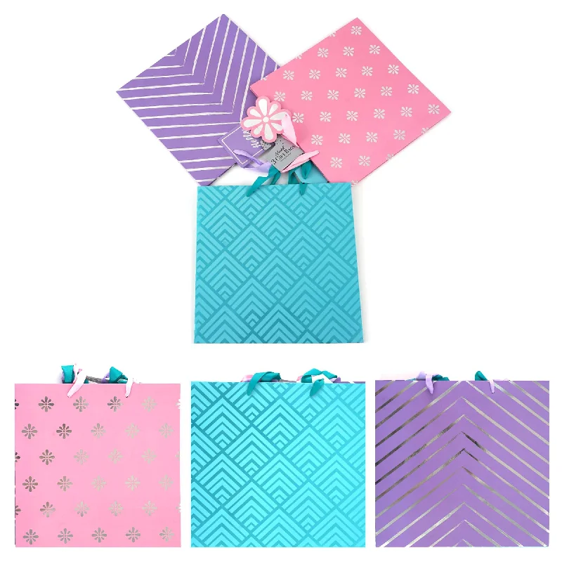 Transparent PVC shopping and gift bags with a decorative ribbon for visibility of contents3Pk Square Square Pastel Geometrics Hot Stamp Gift Bags, 3 Designs Transparent PVC shopping and gift bags with a decorative ribbon for visibility of contents3Pk Square Square Pastel Geometrics Hot Stamp Gift Bags, 3 Designs
