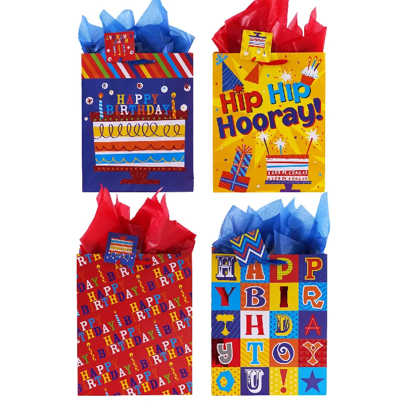 Floral - printed shopping and gift bags with a drawstring top for a feminine lookLarge Birthday Hooray! Hot Stamp/Glitter Bag, 4 Designs Floral - printed shopping and gift bags with a drawstring top for a feminine lookLarge Birthday Hooray! Hot Stamp/Glitter Bag, 4 Designs
