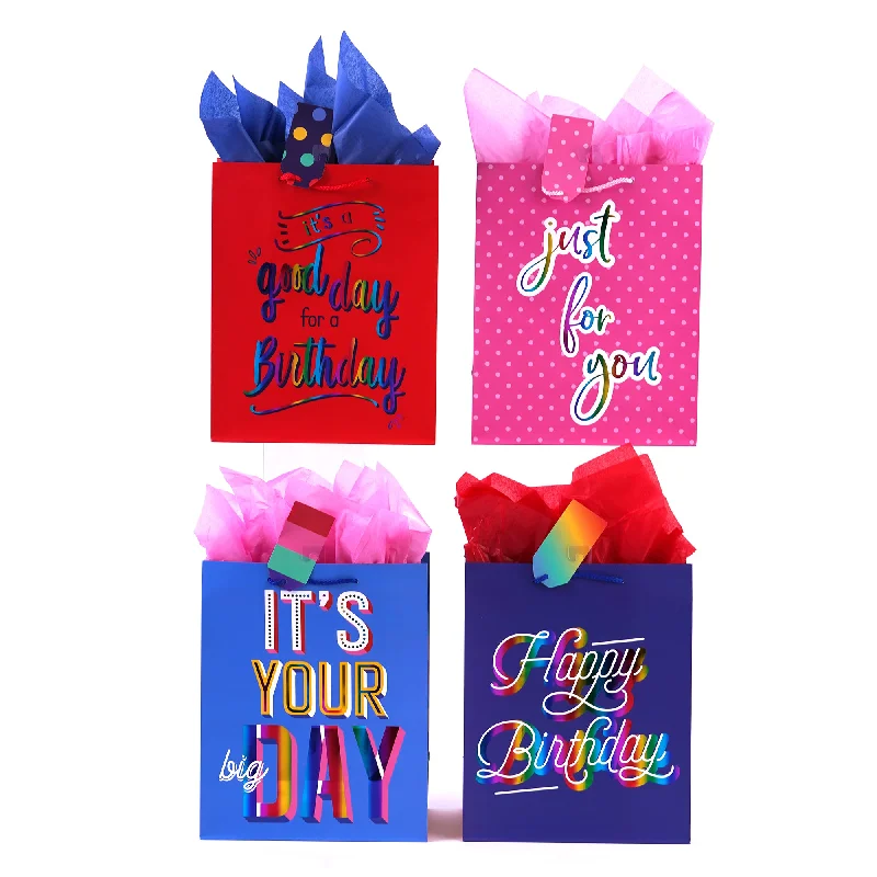 Retro - inspired shopping and gift bags with a bold color palette for nostalgiaLarge Good Day For A Birthday Rainbow Hot Stamp Bag, 4 Designs Retro - inspired shopping and gift bags with a bold color palette for nostalgiaLarge Good Day For A Birthday Rainbow Hot Stamp Bag, 4 Designs