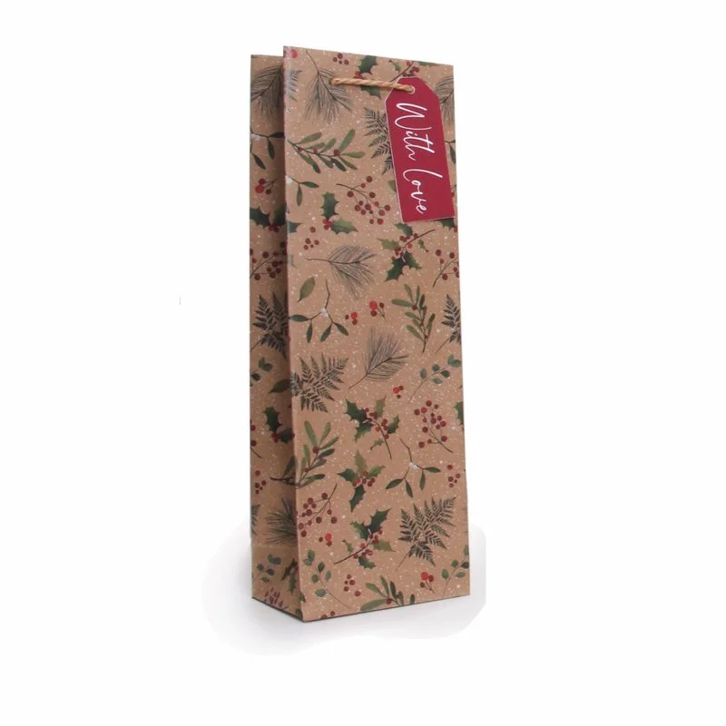 Floral - printed shopping and gift bags with a drawstring top for a feminine lookChristmas Gift Bag - Bottle Kraft Winter Foliage Floral - printed shopping and gift bags with a drawstring top for a feminine lookChristmas Gift Bag - Bottle Kraft Winter Foliage