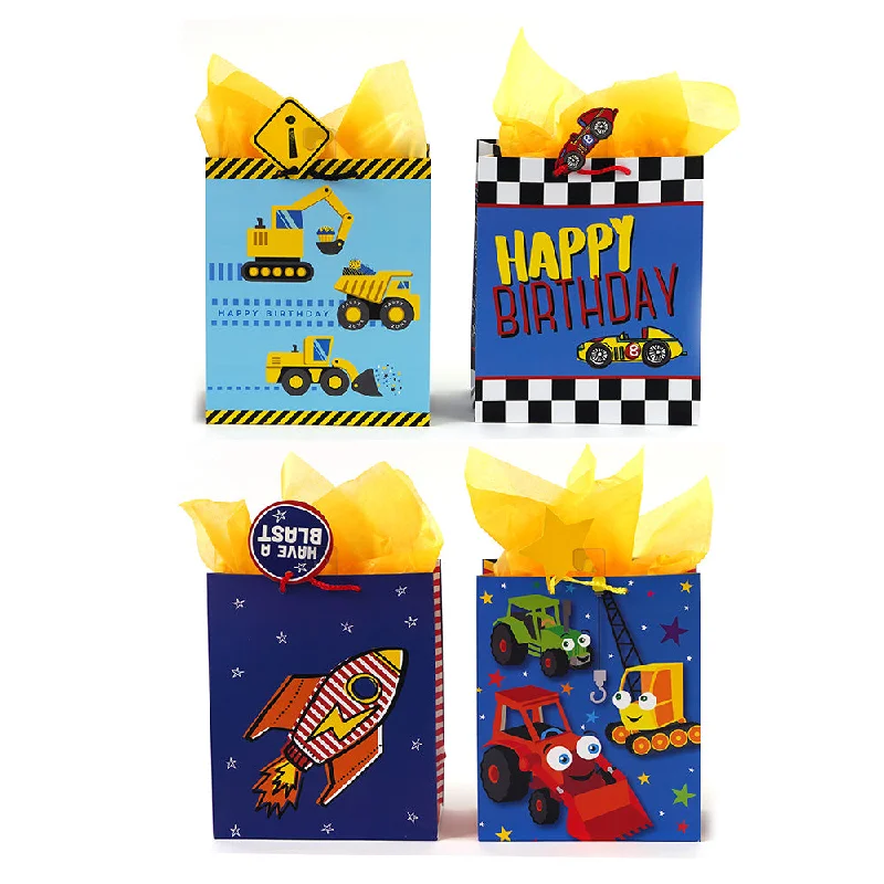 Colorful paper shopping and gift bags with intricate embossed patterns for party favorsMedium Birthday Boy Party Printed Bag, 4 Designs Colorful paper shopping and gift bags with intricate embossed patterns for party favorsMedium Birthday Boy Party Printed Bag, 4 Designs