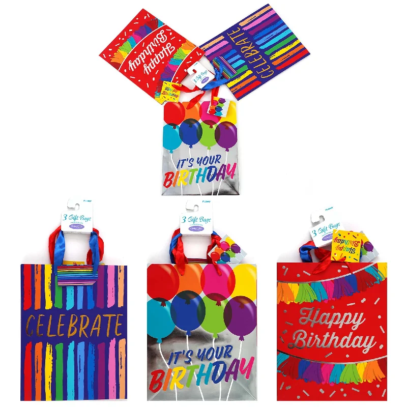 Colorful paper shopping and gift bags with intricate embossed patterns for party favors3 Pack Large Star-Rainbow-Stripe Birthday Hot Stamp/Glitter Premium Plus Bag,3 Designs Colorful paper shopping and gift bags with intricate embossed patterns for party favors3 Pack Large Star-Rainbow-Stripe Birthday Hot Stamp/Glitter Premium Plus Bag,3 Designs