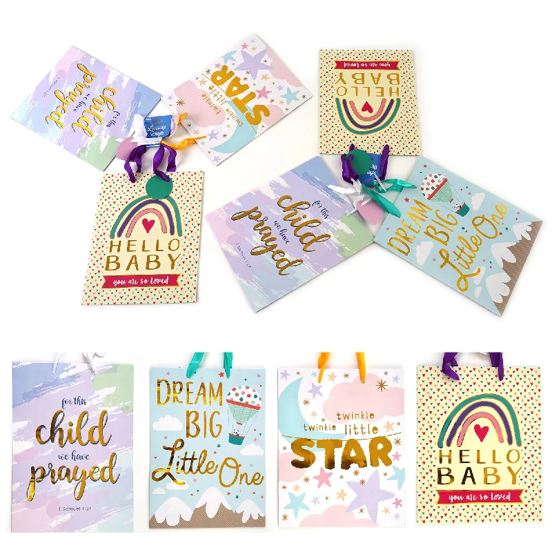 Vintage - style fabric shopping and gift bags with lace trim for a romantic touch3Pk Large Baby Party Hot Stamp Bag, 4 Designs Vintage - style fabric shopping and gift bags with lace trim for a romantic touch3Pk Large Baby Party Hot Stamp Bag, 4 Designs