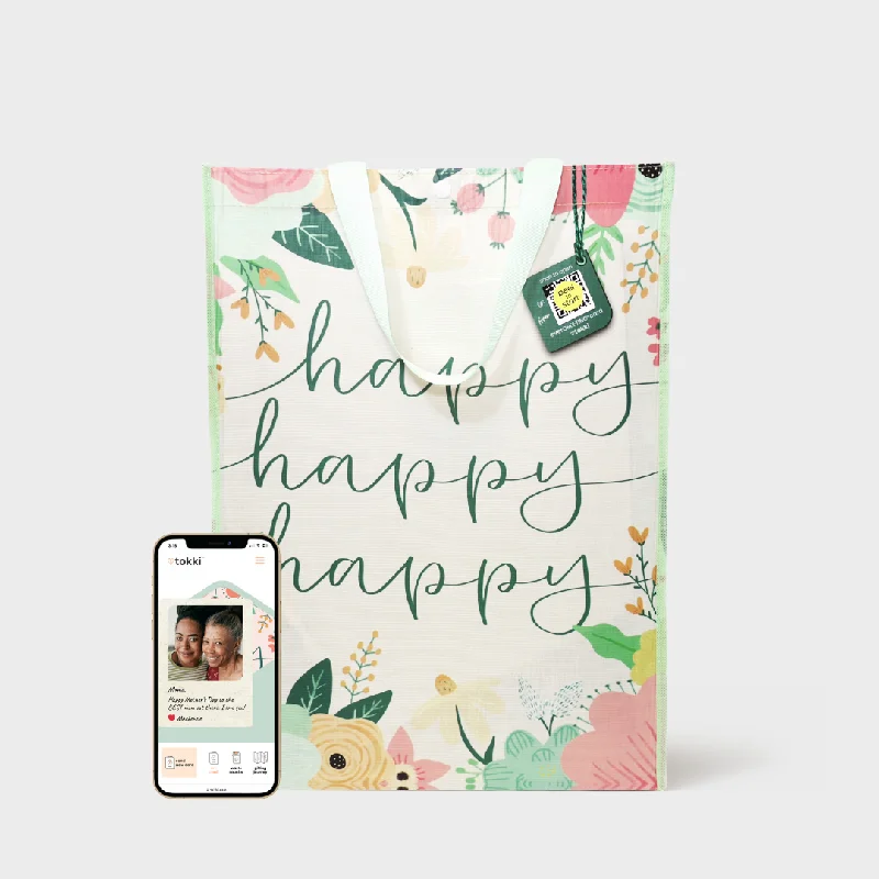 Leatherette shopping and gift bags with a zipper closure for securityHappy Happy | Extra-Large | Reusable Gift Bag + QR Greeting Card Leatherette shopping and gift bags with a zipper closure for securityHappy Happy | Extra-Large | Reusable Gift Bag + QR Greeting Card