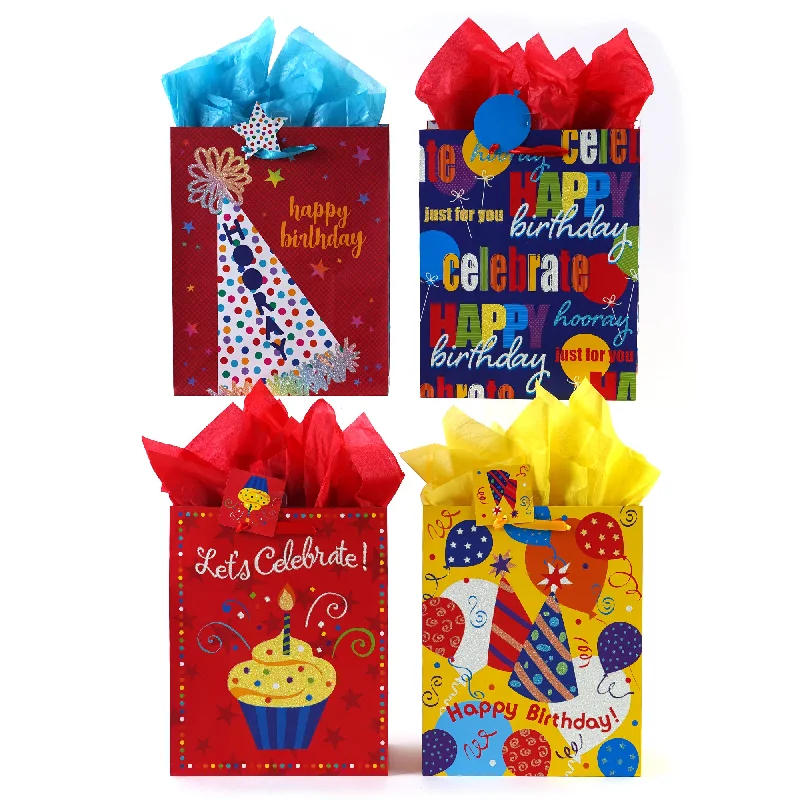 Colorful paper shopping and gift bags with intricate embossed patterns for party favorsExtra Large Birthday Banquet Glitter Bag, 4 Designs Colorful paper shopping and gift bags with intricate embossed patterns for party favorsExtra Large Birthday Banquet Glitter Bag, 4 Designs
