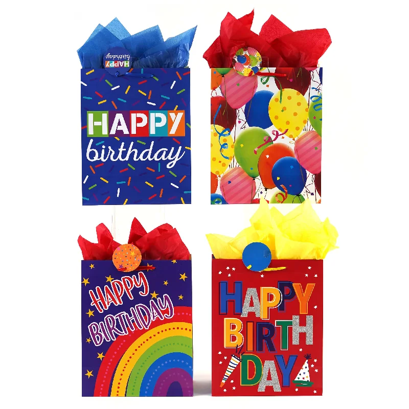 Retro - inspired shopping and gift bags with a bold color palette for nostalgiaLarge Birthday Lets Party! Printed Bag, 4 Designs Retro - inspired shopping and gift bags with a bold color palette for nostalgiaLarge Birthday Lets Party! Printed Bag, 4 Designs
