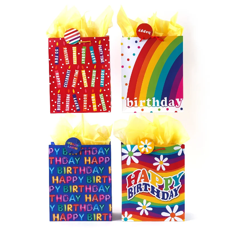Transparent PVC shopping and gift bags with a decorative ribbon for visibility of contentsLarge Birthday Rainbows & Candles Party Printed Gift Bag, 4 Designs Transparent PVC shopping and gift bags with a decorative ribbon for visibility of contentsLarge Birthday Rainbows & Candles Party Printed Gift Bag, 4 Designs