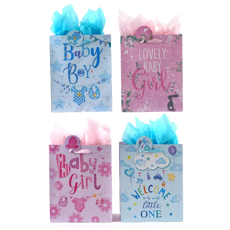 Colorful paper shopping and gift bags with intricate embossed patterns for party favorsExtra Large Baby Amour Printed Bag, 4 Designs