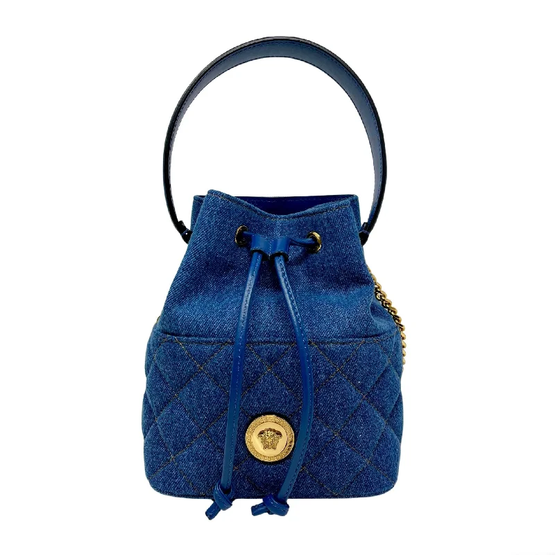 Canvas and Leather - Trimmed Bucket Bag in Beige for a Casual Weekend Getaway Versace Denim Top Handle Bucket bag Canvas and Leather - Trimmed Bucket Bag in Beige for a Casual Weekend Getaway Versace Denim Top Handle Bucket bag