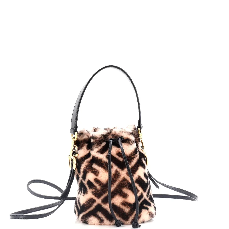 Satin Bucket Bag in Champagne with Rhinestone - Studded Logo for a Special Occasion Mon Tresor Bucket Bag Zucca Shearling Mini