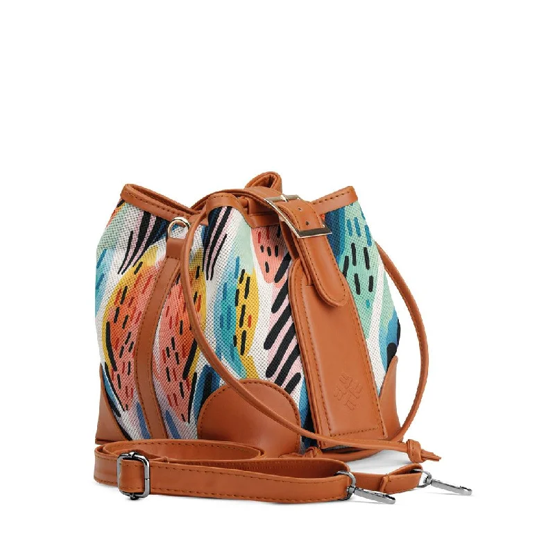 Bucket Bag with Geometric Print in Multicolor for a Contemporary and Eye - Catching Appeal Havana Bucket Bags Drawen Leafs Bucket Bag with Geometric Print in Multicolor for a Contemporary and Eye - Catching Appeal Havana Bucket Bags Drawen Leafs