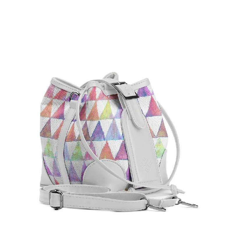 Denim Bucket Bag in Washed Blue with Patchwork for a Vintage - Inspired Look White Bucket Bags Rainbow triangles Denim Bucket Bag in Washed Blue with Patchwork for a Vintage - Inspired Look White Bucket Bags Rainbow triangles