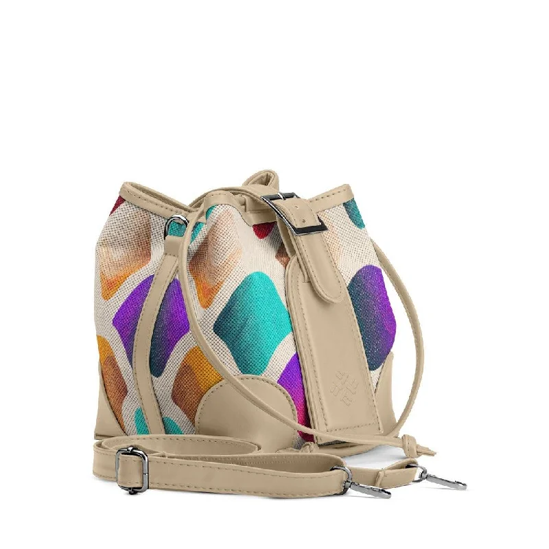 Denim Bucket Bag in Washed Blue with Patchwork for a Vintage - Inspired Look Beige Bucket Bags Colorized Denim Bucket Bag in Washed Blue with Patchwork for a Vintage - Inspired Look Beige Bucket Bags Colorized