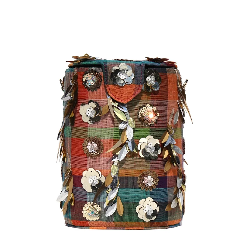 Rattan Bucket Bag in Natural Color with Beadwork for a Tropical Vacation Madras Bucket Bag Rattan Bucket Bag in Natural Color with Beadwork for a Tropical Vacation Madras Bucket Bag