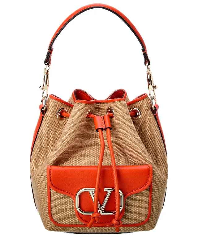 Satin Bucket Bag in Champagne with Rhinestone - Studded Logo for a Special Occasion Valentino VLogo Canvas & Leather Bucket Bag Satin Bucket Bag in Champagne with Rhinestone - Studded Logo for a Special Occasion Valentino VLogo Canvas & Leather Bucket Bag