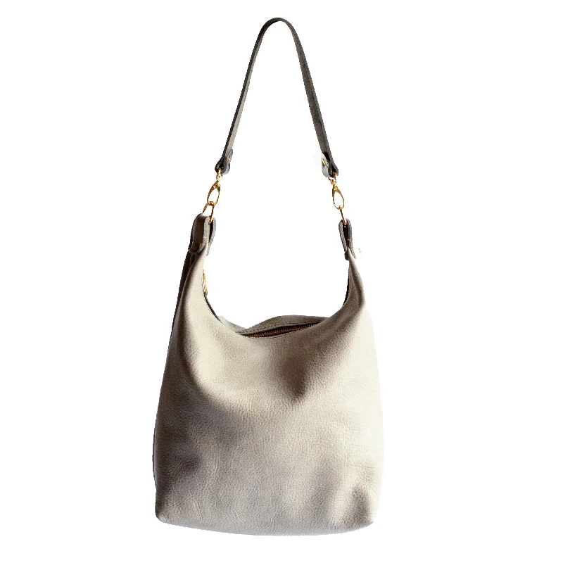 Satin Bucket Bag in Champagne with Rhinestone - Studded Logo for a Special Occasion Leather BUCKET Crossbody Bag - Grey Leather