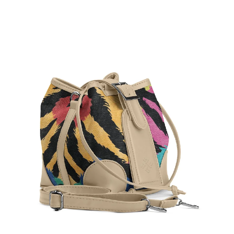 Satin Bucket Bag in Champagne with Rhinestone - Studded Logo for a Special Occasion Beige Bucket Bag in Wild Neon Zebra Streaks Satin Bucket Bag in Champagne with Rhinestone - Studded Logo for a Special Occasion Beige Bucket Bag in Wild Neon Zebra Streaks