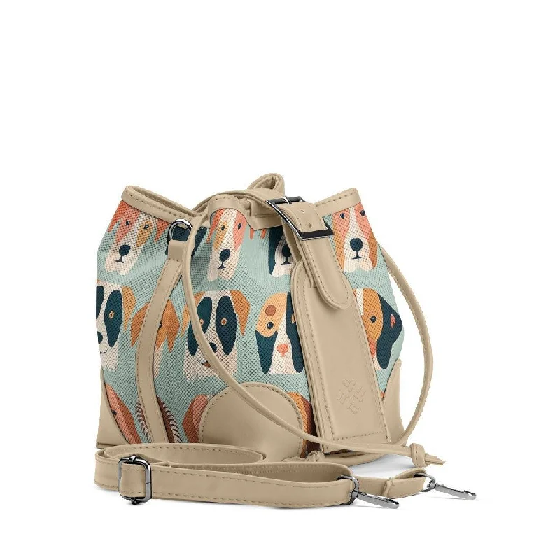 Satin Bucket Bag in Champagne with Rhinestone - Studded Logo for a Special Occasion Beige Bucket Bags Dogs Satin Bucket Bag in Champagne with Rhinestone - Studded Logo for a Special Occasion Beige Bucket Bags Dogs
