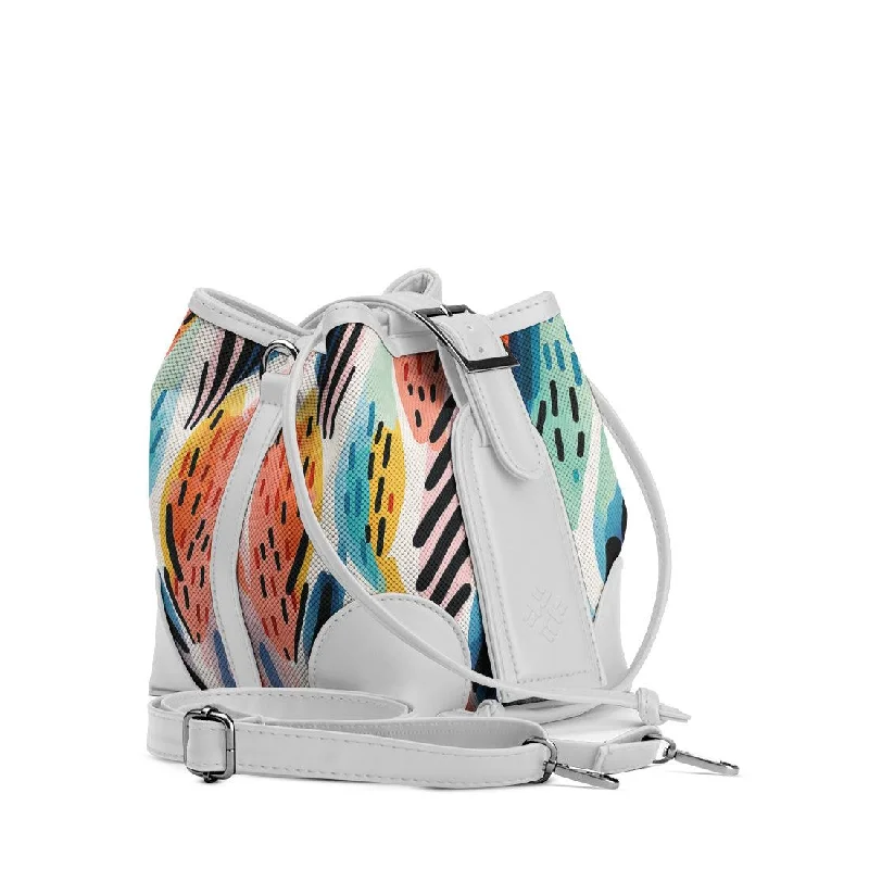Canvas Bucket Bag in Navy Blue with Striped Interior for a Nautical - Inspired Outfit White Bucket Bags Drawen Leafs Canvas Bucket Bag in Navy Blue with Striped Interior for a Nautical - Inspired Outfit White Bucket Bags Drawen Leafs