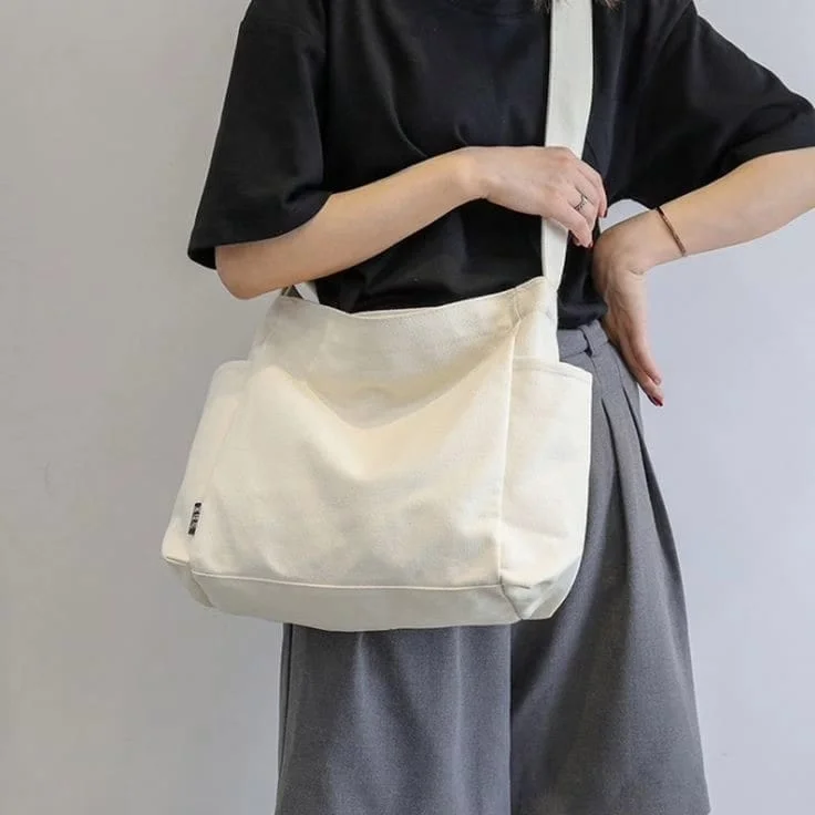 Printed Floral Pattern Canvas Shoulder Bag for Spring Outfits Off White Canvas Bag