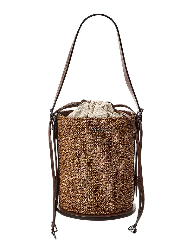 Women's Drawstring Bucket Bag in Mustard Yellow with Pockets for Practicality Max Mara Logo Plaque Leather-Trim Bucket Bag Women's Drawstring Bucket Bag in Mustard Yellow with Pockets for Practicality Max Mara Logo Plaque Leather-Trim Bucket Bag