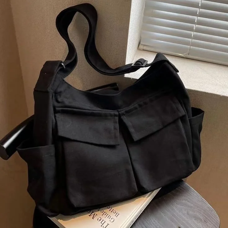 Recycled Canvas Shoulder Bag for Eco - Conscious Consumers Black Cargo Bag