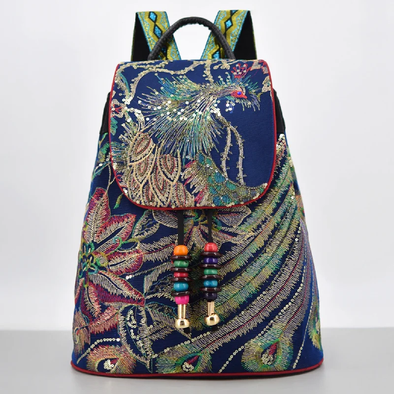 Boho - Style Embroidered Canvas Handbag for Summer Festivals Womens Boho Canvas Backpack Purse Rucksack Bag Boho - Style Embroidered Canvas Handbag for Summer Festivals Womens Boho Canvas Backpack Purse Rucksack Bag