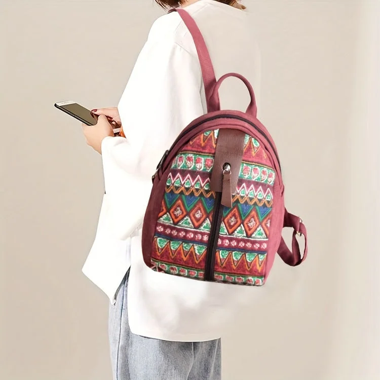Boho - Style Embroidered Canvas Handbag for Summer Festivals Ethnic Style Women's Small Canvas Rucksack Canvas Backpack
