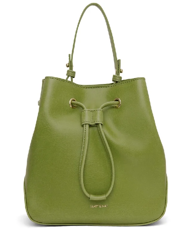 Satin Bucket Bag in Champagne with Rhinestone - Studded Logo for a Special Occasion MATT & NAT Dupont Bucket Bag Satin Bucket Bag in Champagne with Rhinestone - Studded Logo for a Special Occasion MATT & NAT Dupont Bucket Bag