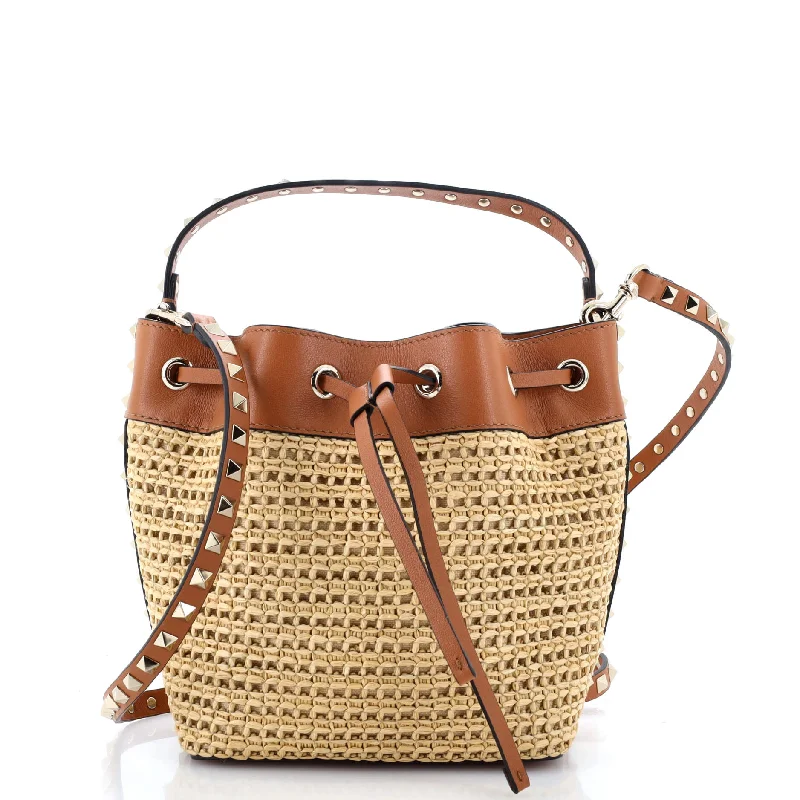 Women's Drawstring Bucket Bag in Mustard Yellow with Pockets for Practicality Convertible Rockstud Drawstring Bucket Bag Woven Raffia with Leather Small