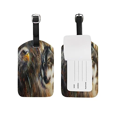 GIOVANIOR Wolf And Eagle Feathers Color Painting Background PU Leather Luggage Bag Tags Suitcase GIOVANIOR Wolf And Eagle Feathers Color Painting Background PU Leather Luggage Bag Tags Suitcase