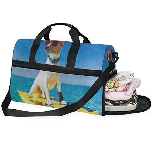 Travel Tote Luggage Weekender Duffle Bag, Dog Surfing Surfboard Sunglasses Ocean Sea Large Canvas Travel Tote Luggage Weekender Duffle Bag, Dog Surfing Surfboard Sunglasses Ocean Sea Large Canvas
