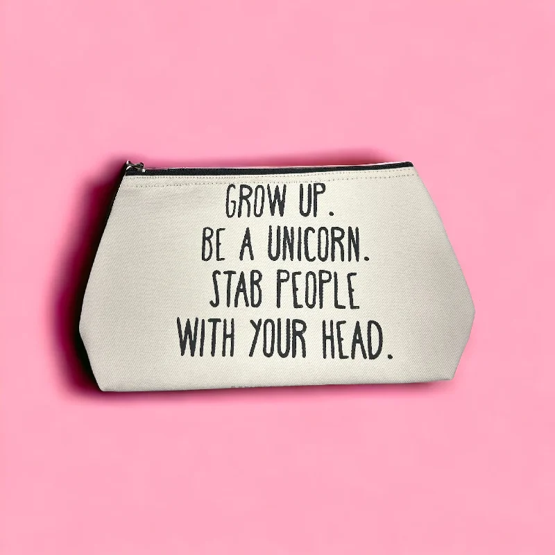 THE "GROW UP. BE A UNICORN 🦄" QUOTE Large Toiletry + Makeup Bag (WHITE CANVASS)