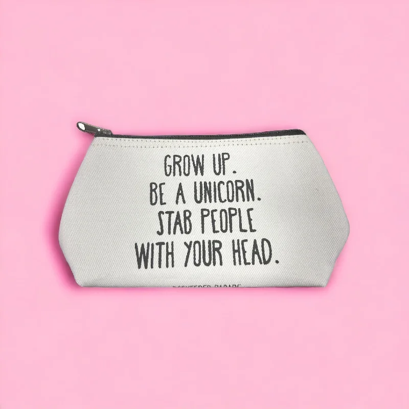 THE "GROW UP. BE A UNICORN 🦄" QUOTE Small Toiletry + Makeup Bag (WHITE CANVASS)